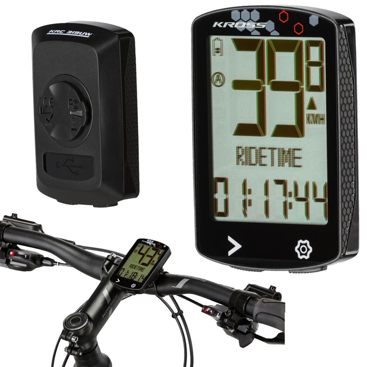 Kross KRC 319 kerékpár computer, vezeték nélküli, 19 funkció, 3 hüvelykes kijelző, újratölthető akkumulátor, Garmin tartókkal kompatibilis