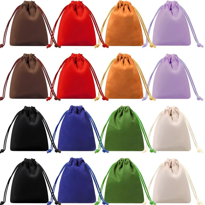 Set 16 pungi pentru bijuterii, TREXORA, design cu snur, 8x10cm, catifea, multicolor