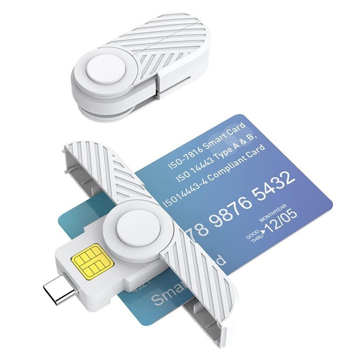 Cititor electronic carti de identitate, CAC, interfata USB-C, cititor de carduri de identitate electronice, alb