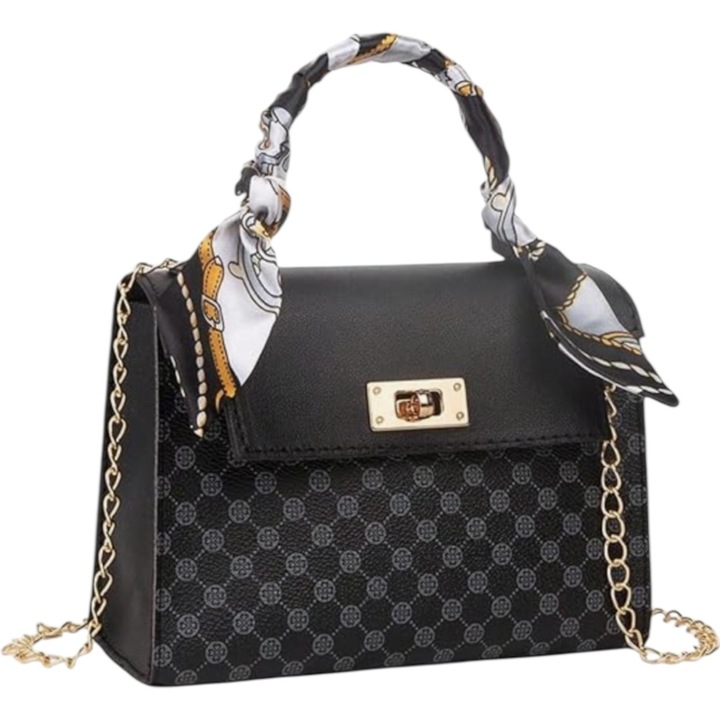 Mini geantă de mână cu lanț și eșarfă, neagră, 25x12cm