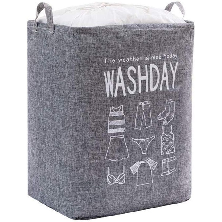 Cos de Rufe, Caravaan®, Sac de depozitare mare, Pliabil, 75 l, Rezistent uzura, Impermeabil, Cu imprimeu, Pentru haine si jucarii in dormitor si acasa, Panza de bumbac, 43x33x55cm, Gri