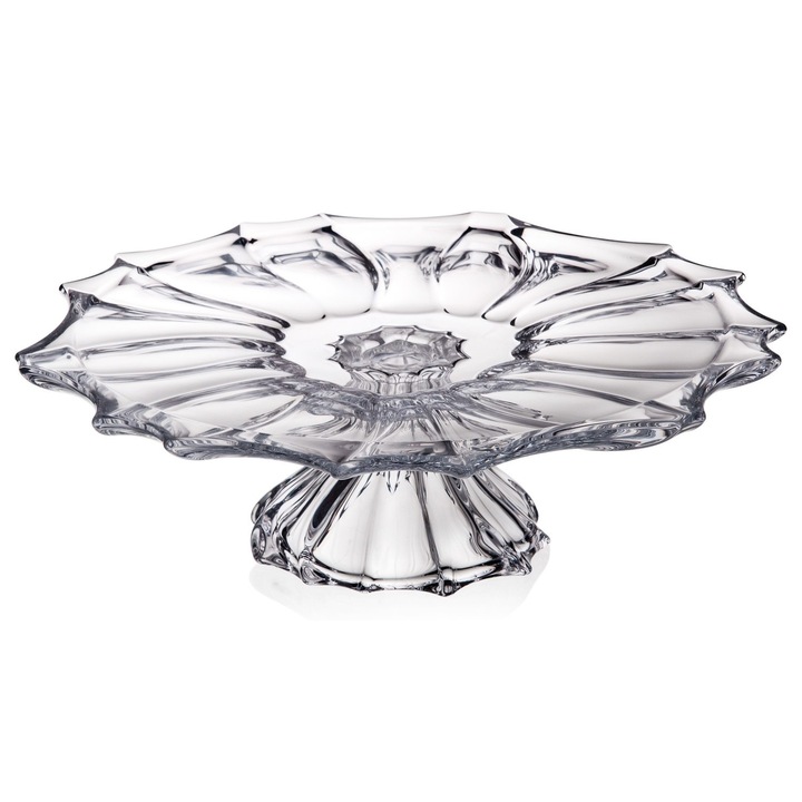 Platou tort cu picior din cristal Bohemia, Plantica transparent, 35cm