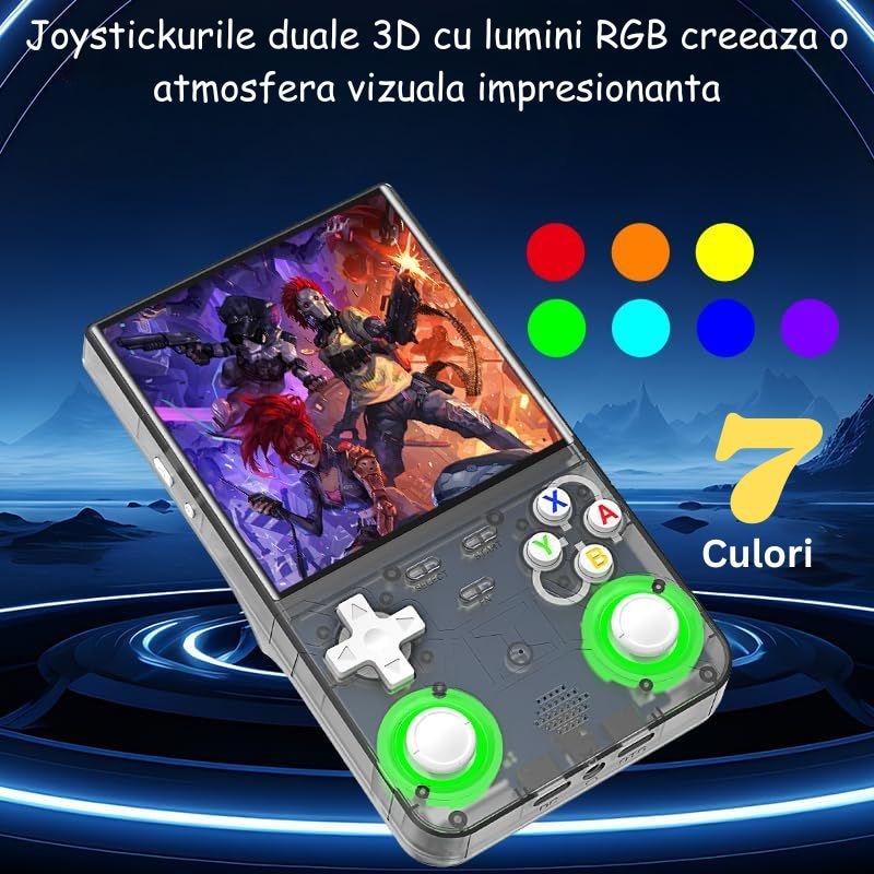 Consola Retro Portabila LUKETO® R36 Ultra, Ecran 4" IPS, Rezolutie 720x720, 64GB, 15000+ Jocuri, Suport Emulatoare Multiple, 1GB RAM, Wi-Fi 2.4GHz, Linux OS, Joystick Dual 3D RGB cu 7 Culori, Taste L/R Imbunatatite, Baterie 3000mAh, Design Compact, Negru
