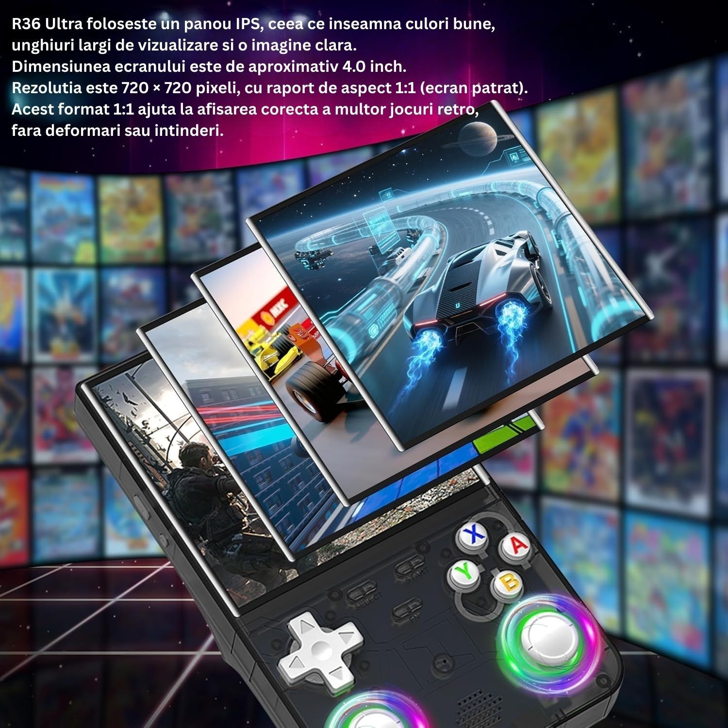 Consola Retro Portabila LUKETO® R36 Ultra, Ecran 4" IPS, Rezolutie 720x720, 64GB, 15000+ Jocuri, Suport Emulatoare Multiple, 1GB RAM, Wi-Fi 2.4GHz, Linux OS, Joystick Dual 3D RGB cu 7 Culori, Taste L/R Imbunatatite, Baterie 3000mAh, Design Compact, Negru