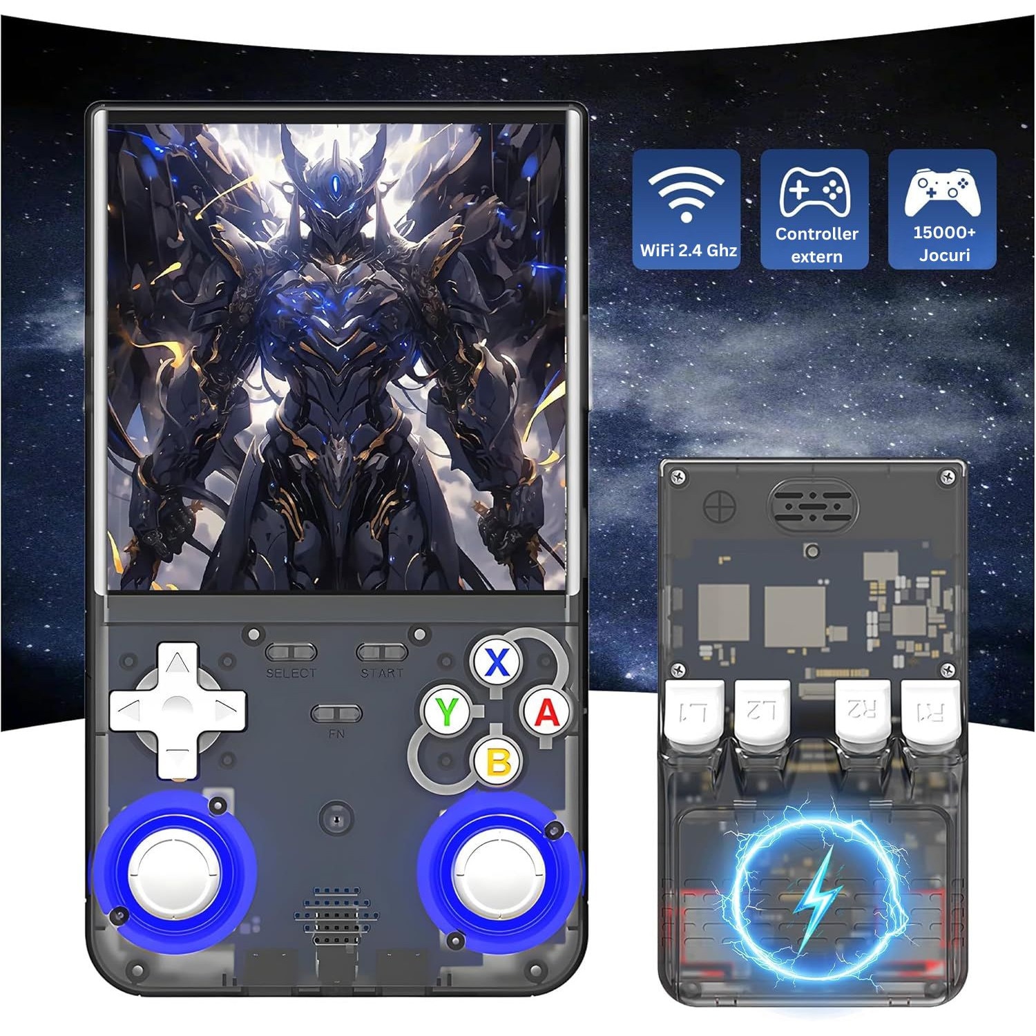 Consola Retro Portabila LUKETO® R36 Ultra, Ecran 4" IPS, Rezolutie 720x720, 64GB, 15000+ Jocuri, Suport Emulatoare Multiple, 1GB RAM, Wi-Fi 2.4GHz, Linux OS, Joystick Dual 3D RGB cu 7 Culori, Taste L/R Imbunatatite, Baterie 3000mAh, Design Compact, Negru