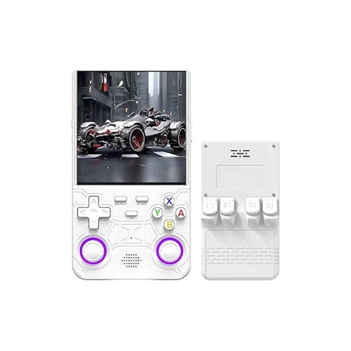 Consola Retro Portabila LUKETO® R36 Ultra, Ecran 4" IPS, Rezolutie 720x720, 64GB, 15000+ Jocuri, Suport Emulatoare Multiple, 1GB RAM, Wi-Fi 2.4GHz, Linux OS, Joystick Dual 3D RGB cu 7 Culori, Taste L/R Imbunatatite, Baterie 3000mAh, Design Compact, Alb