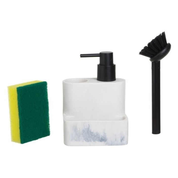 Дозатор за препарат за миене на съдове 150 мл, мрамор екрю, с поставка за гъба и четка