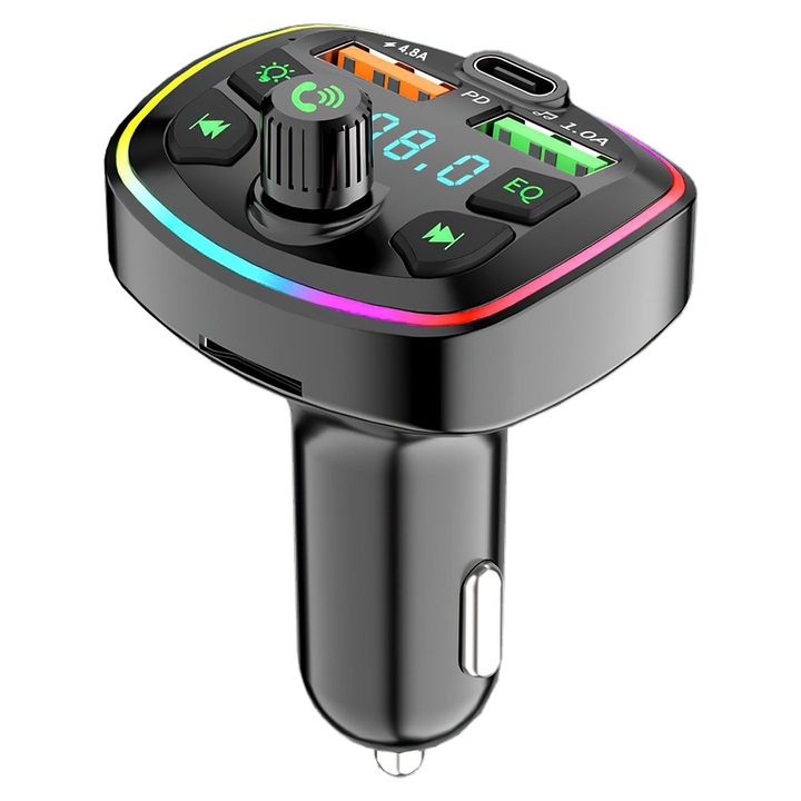 FM autós modulátor Bluetooth 5.0-val, Caravaan®, Q7, univerzális autókhoz/teherautókhoz/SUV-okhoz és furgonokhoz (12-24V), gyors töltés USB Type-C / USB 3.1A-n keresztül, MP3 lejátszó, TF kártya támogatás, ABS, 5x4.5x8.3cm, fekete