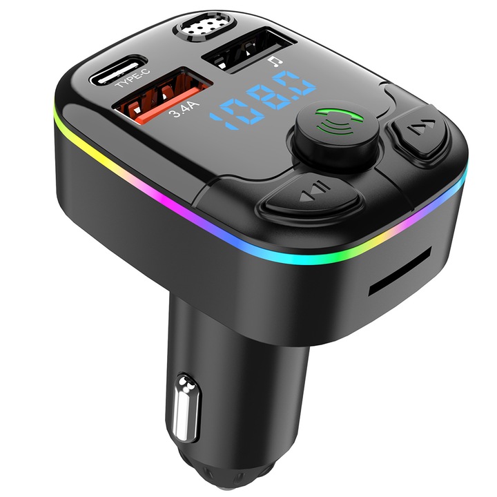 FM Трансмитер за кола с Bluetooth 5.0, Caravaan, C9, За автомобили/камиони/SUV и ванове, Бързо зареждане чрез USB Type-C / USB 3.4A, MP3 плейър, Поддържа TF карта, ABS, 4.2x4x7.4cm, Черен