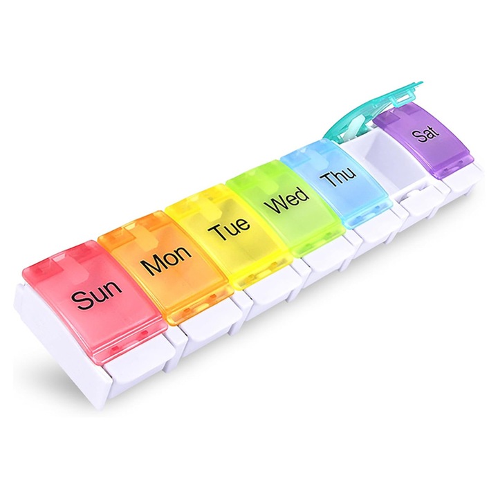 Organizator Medicamente, Caravaan®, Cutie Pastile Saptamanal, portabila, Oblungit, Cu 7 Compartimente, Plastic, 22x5 CM, Multicolor