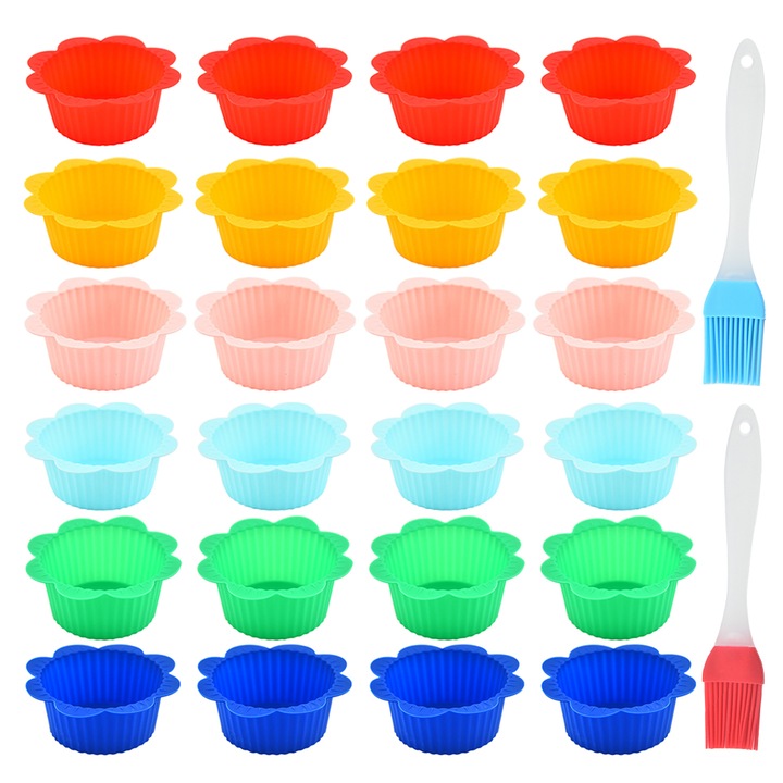 Forme de copt pentru briose, Caravaan®, Cu 2 Pensula din siliconCoacerea Prajituri, 200°C, Silicon, fara BPA, Desprindere usoara, Reutilizabile, Potrivite pentru cuptor, 8.2x3cm, 26 buc, Multicolor