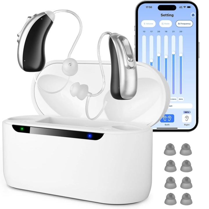 Aparat Auditiv Digital Vala Tech®️, Bluetooth, 4 Moduri, Amplificare 35dB, Control prin Aplicatie, Anulare Zgomot, Autonomie 14h, Incarcare USB-C Rapida, Carcasa de Incarcare, Hipoacuzie Usoara-Severa, Amplificator Auditiv, 8 Dopuri Silicon