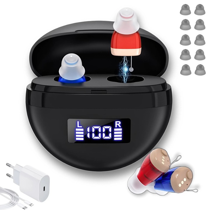 2 x Aparat Auditiv Digital Intraauricular Vala Tech®️, Amplificare 32dB, 4 Moduri, 12 Canale, Reducere Zgomot, Autonomie 30h, Carcasa Magnetica, Reincarcabil USB, Design Invizibil, Amplificator Sunet, Hipoacuzie Usoara-Moderata, 10 Dopuri Silicon