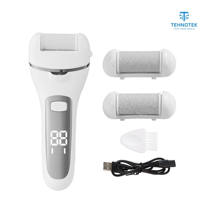 Pila electrica pentru talpi si calcaie TehnoTek Professional, Afisaj LED, Impermeabil IPX4, 3 Role, 2100 rpm, Indepartare piele moarta, calus, Alb
