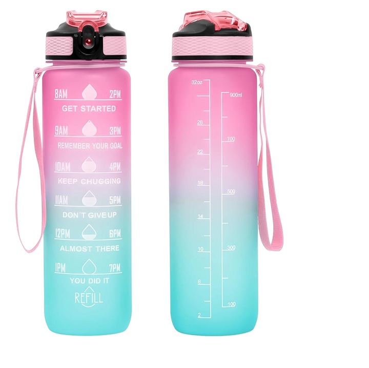 Sticla pentru Bauturi cu Cronometru si Paie, Gradienti Roz-Albastru, 100% fara BPA - Ideala pentru Sport, Fitness, Sala