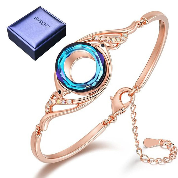 Bratara de dama GSFRQWH® Rose Gold Rise From the Ashes Phoenix, realizata cu cristale din Austria, bratara glisanta reglabila pentru femei, ambalata intr-o cutie de bijuterii, simbol al norocului si reinnoirii