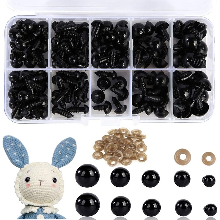 Set 100 buc, Ochi de siguranta din plastic pentru papusi si jucarii, 5 dimensiuni 6/8/9/10/12 mm, 20 buc pe dimensiune, cu protectii si cutie de depozitare, Negru