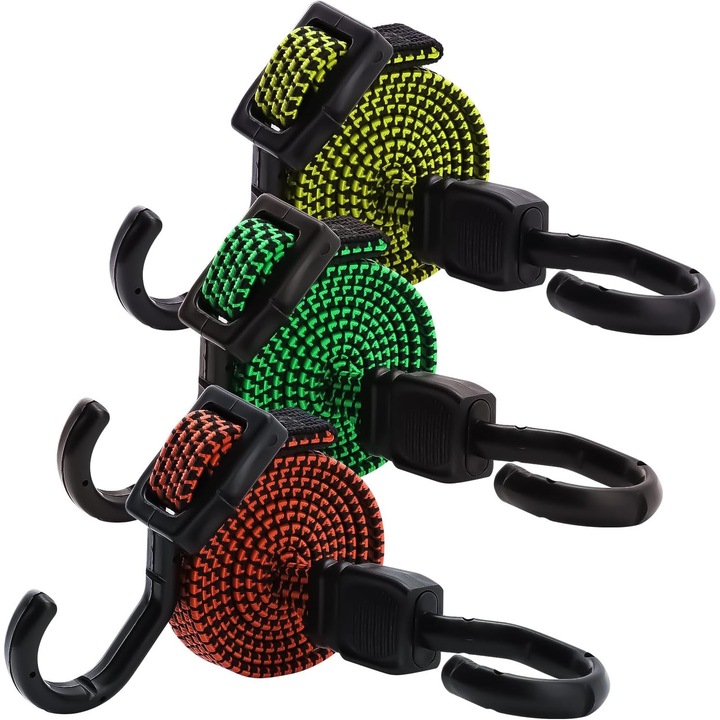 Set 3 Corzi elastice din Cauciuc cu Carlige, Ajustabile, 150cm Extensibile, Rezistente la Rupere, pentru Masini, Biciclete si Activitati Exterioare