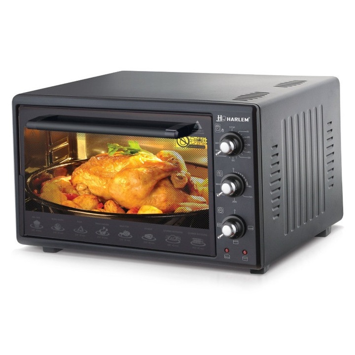 Електрическа фурна 60 л, 1500 W, термостат 320°C, таймер, емайлирана тава, грил от неръждаема стомана, черна, 2 тави включени + грил