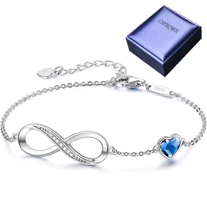 Дамска гривна GSFRQWH®, гривна безкрайност от сребро 925, регулируема гривна за любов за жени, дамски бижута, коледни подаръци за жени, подарък за рожден ден за Деня на майката, гривни безкрайност със сърце, сребро/син кристал