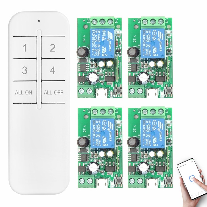 Comutator inteligent WIFI cu 4x1 canale DieseRC cu 1x transmitator Bluetooth, modul releu de iesire pasiva DC 5V 12V 24V, control WIFI prin aplicatie Ewelink, compatibil cu Alexa/Google Home