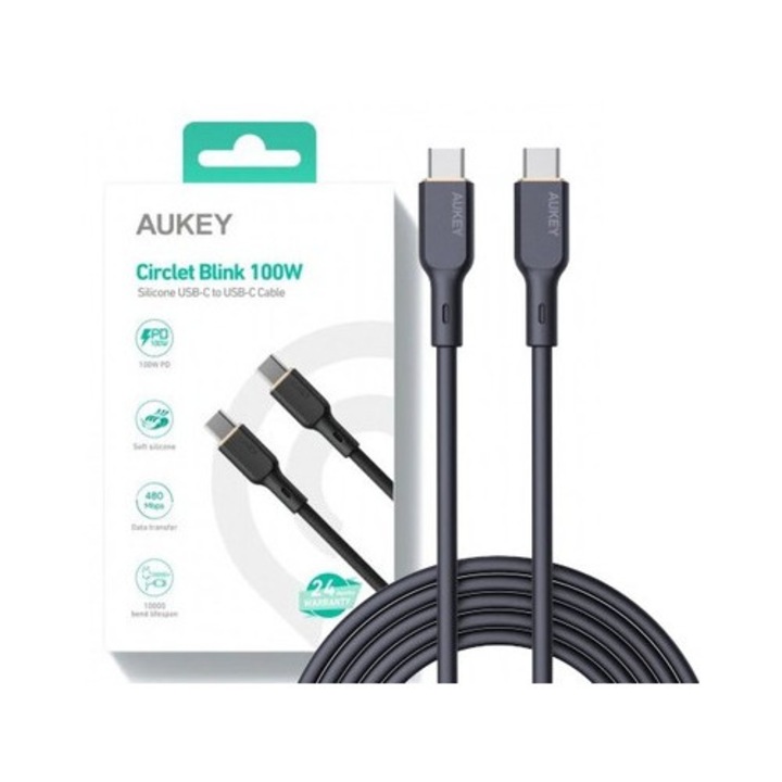 Cablu alimentare si date Aukey, USB Type-C (T) la USB Type-C (T), 1.8m, 480 Mbps, 100W, silicon, negru