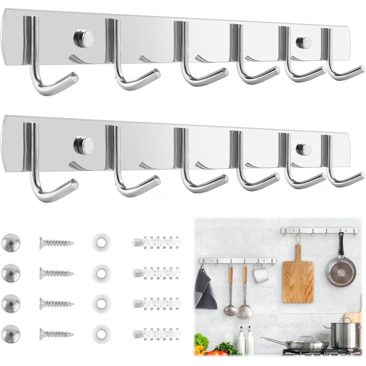 Set 2 cuiere perete, 6 carlige, otel inoxidabil, 32x3x4cm, argintiu