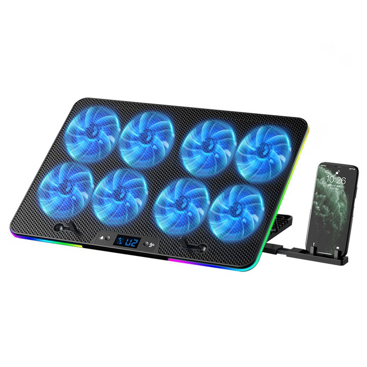 Cooler pentru laptop, 8 ventilatoare, lumini RGB, 2 porturi USB, zgomot redus, stabil, inclinare reglabila, 384x270x31mm, negru