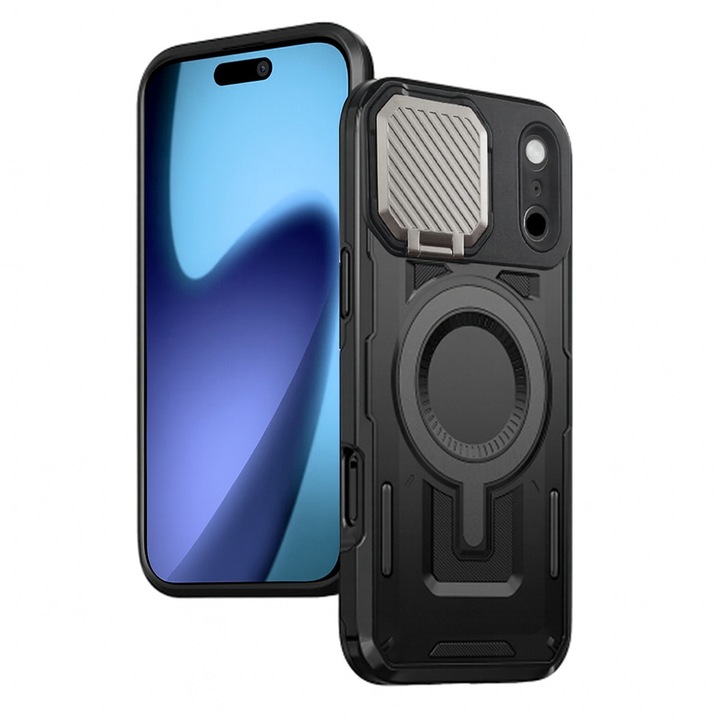 Кейс за iPhone 17 Pro Max, съвместим с MagSafe, здрав, удароустойчив, магнитен, капак за камера, вградена стойка - черен