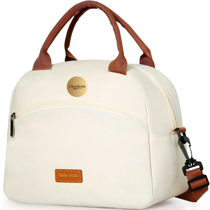 Geanta Termica pentru Pranz Omelivon®, Multifunctionala, Compartimentata, Impermeabila, 26x14.3x21.2 cm, Portabil si reutilizabil, cu curea de umar reglabila pentru utilizare la locul de munca, disponibil in alb si maro
