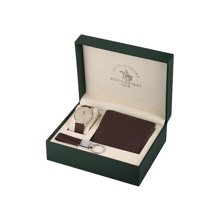 Ajándékkészlet férfiaknak, Santa Barbara Polo Noble Super Slim Brown karóra SB.8.10009.4, bőr pénztárca, kulcstartó, elegáns doboz, Seiko Sii Vj32 óraszerkezet, bőr szíj, dátumkijelző