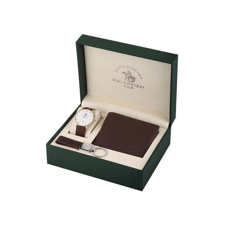 Set cadou pentru barbati, Ceas Santa Barbara Polo Noble Super Slim SB.8.10009.5, portofel piele, breloc, cutie eleganta, mecanism ceas Seiko Sii Vj32, curea de piele, afiisate data