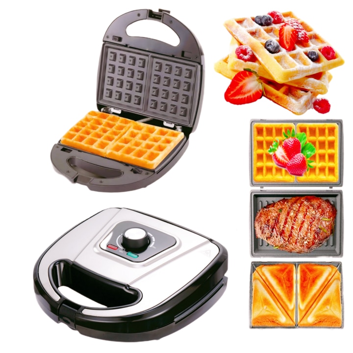 Уред за гофрети/вафли MOSMAOO®, 3-в-1, Бутон за регулиране на температурата, 750W, 3 подвижни незалепващи тави, Система за бързо заключване, Сандвич мейкър, Черен/Сребрист