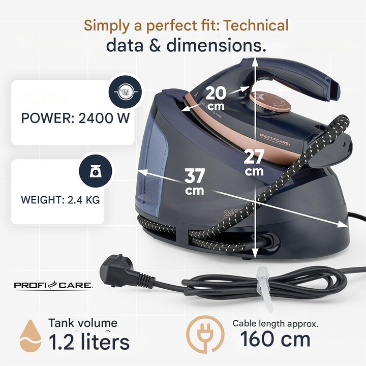 Гладачна станция Proficare, пара 150 г/мин, налягане 4 бара, вертикално/хоризонтално гладене, керамична плоча Superglide, резервоар 1,2 литра, функция за самопочистване, функция против прокапване, отделение за съхранение на кабел, тъмносин