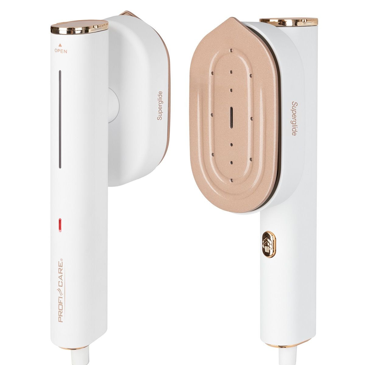 Aparat de calcat vertical cu aburi 2in1 Proficare, talpa ceramica Superglide pivotanta, debit abur 20 g/min, capacitate rezervor 80 ml, ideal pentru toate tipurile de material, indicator luminos, poate fi folosit si orizontal, sistem anti-picurare, alb