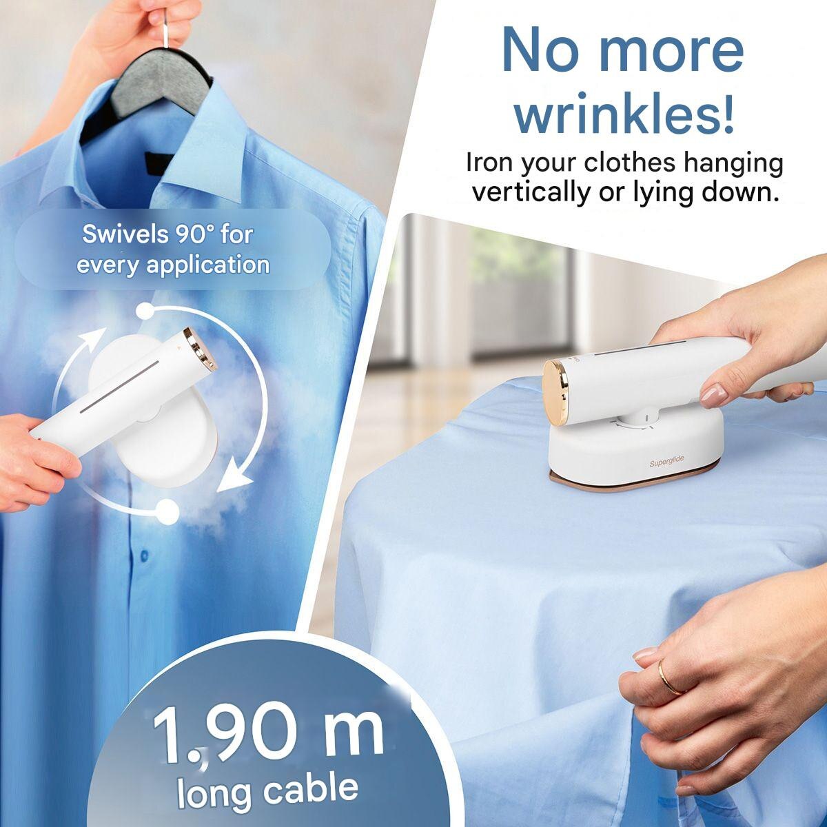 Aparat de calcat vertical cu aburi 2in1 Proficare, talpa ceramica Superglide pivotanta, debit abur 20 g/min, capacitate rezervor 80 ml, ideal pentru toate tipurile de material, indicator luminos, poate fi folosit si orizontal, sistem anti-picurare, alb