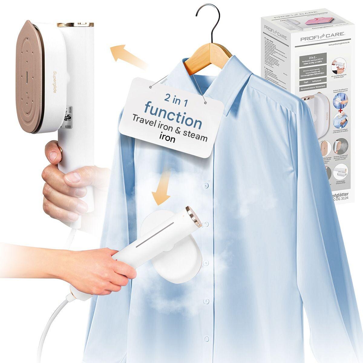 Aparat de calcat vertical cu aburi 2in1 Proficare, talpa ceramica Superglide pivotanta, debit abur 20 g/min, capacitate rezervor 80 ml, ideal pentru toate tipurile de material, indicator luminos, poate fi folosit si orizontal, sistem anti-picurare, alb