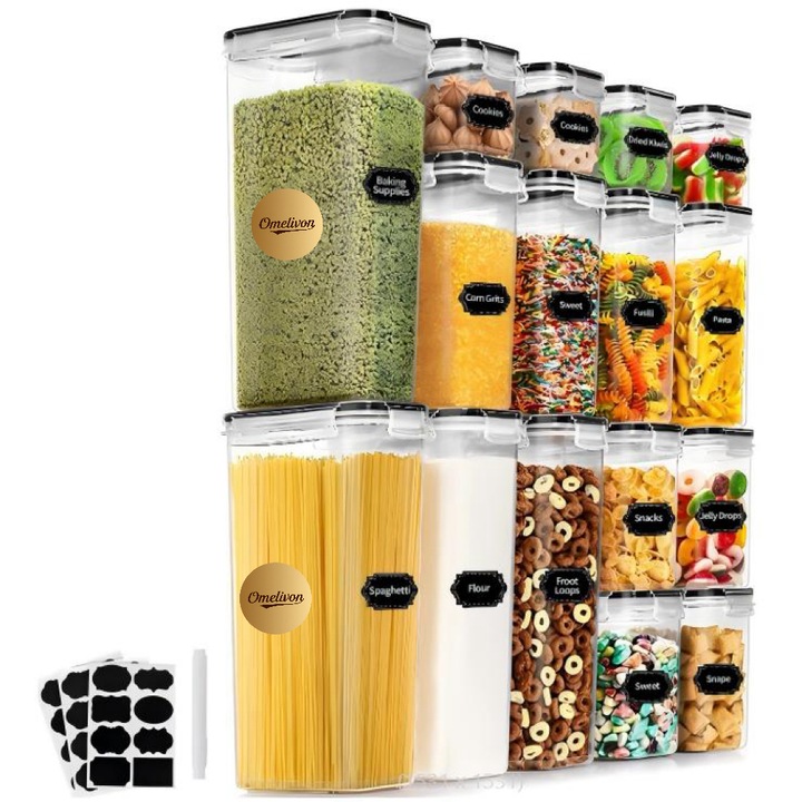 Set 16 Recipiente etanse de depozitare alimente Omelivon® plastic fara BPA, 0.8LX4, 1.4LX4, 2.0LX4, 2.8LX4, Vine cu hartie pentru etichete si pix，Transparent/Negru
