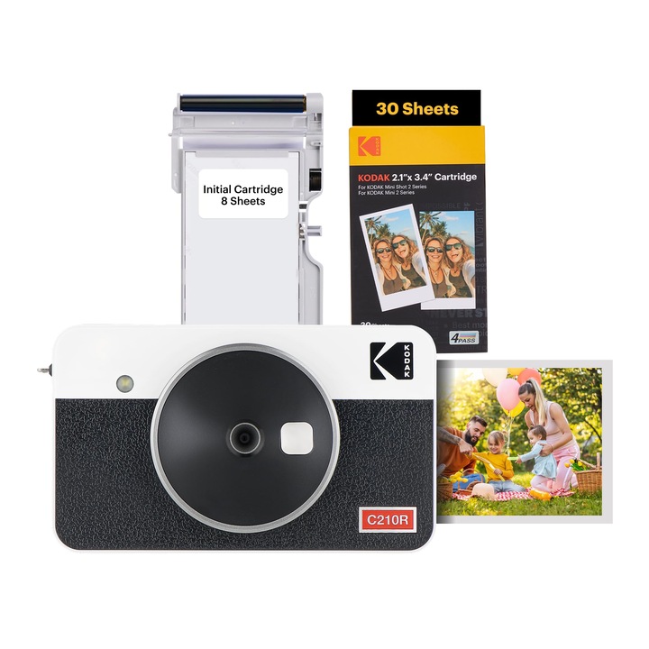 Моментален фотоапарат и преносим принтер Kodak Mini Shot 2 Retro, бял, 5,3x8,6 см, комплект 38 листа