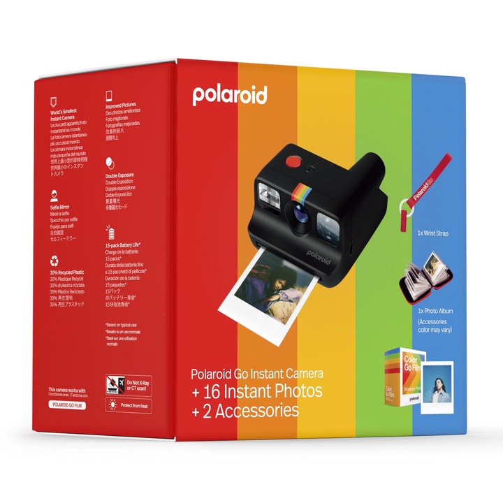 Polaroid Go Generation 2 azonnali fényképezőgép, fekete, szett filmmel (16 fénykép), fotóalbummal, csuklópánttal