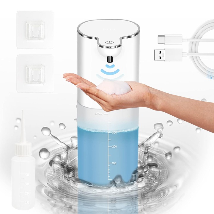 Automata habszappan adagoló mozgásérzékelővel, 400 ml, IPX5, USB, érintésmentes, 4 állítható szint, fúrásmentes fali rögzítés fürdőszobába, konyhába, szállodába, bevásárlóközpontba, kórházba, iskolába, Fehér