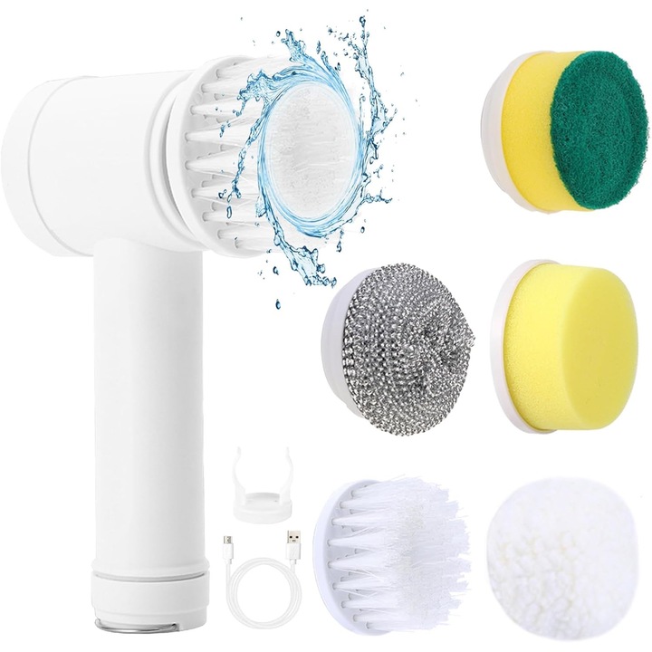 Electric Spin Scrubber, Perie electrica de curatare Power Scrubber cu 5 capete de perie inlocuibile, Scrubber de dus de mana fara fir cu IPX7 impermeabil pentru cada, podea, toaleta, gresie (alb)