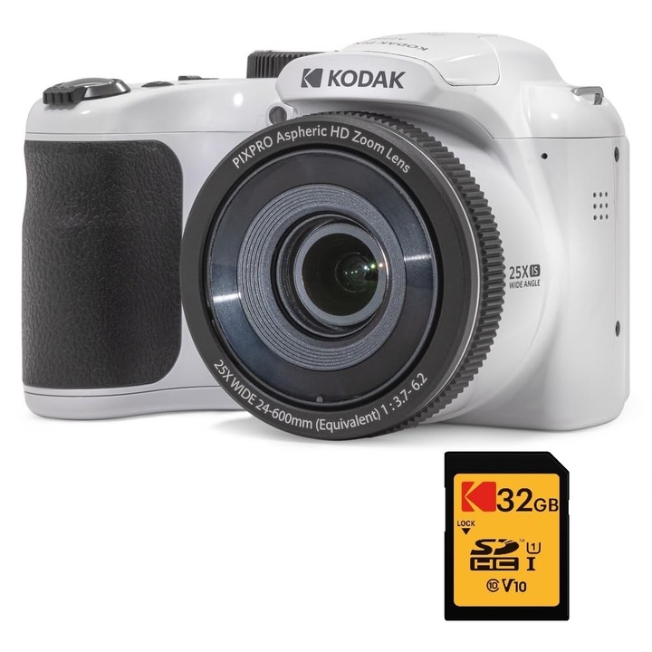 Kodak Pixpro Astro Zoom Az255 kompakt digitális fényképezőgép, 16 MP, 25x zoom, fehér, 32 GB-os SD memóriakártyával