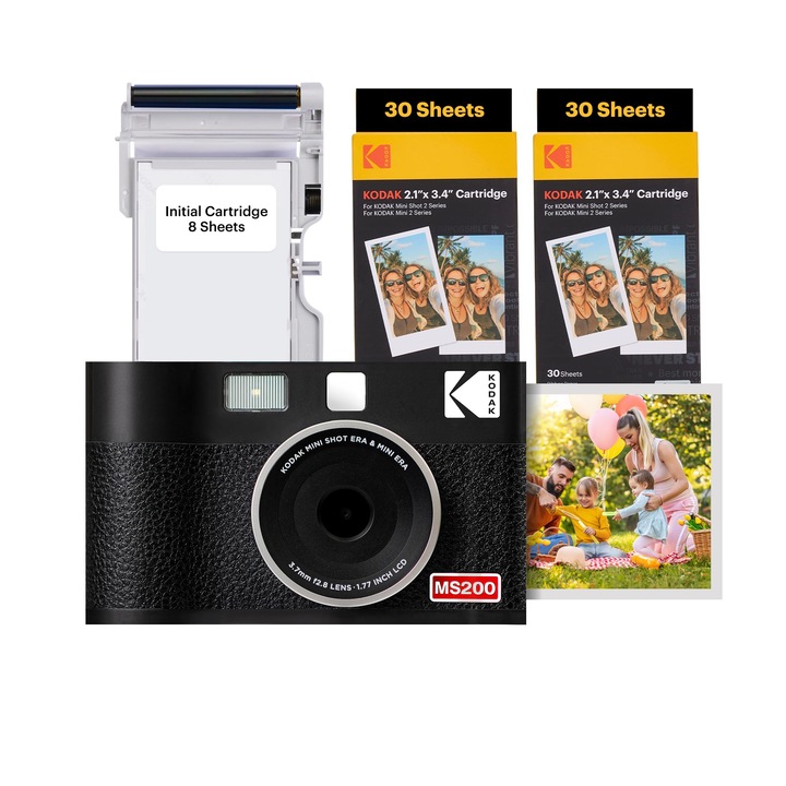 Моментален фотоапарат Kodak Mini Shot 2 Era 4Pass, черен, 5,3x8,6 см, комплект с 8 листа, касета с 60 листа