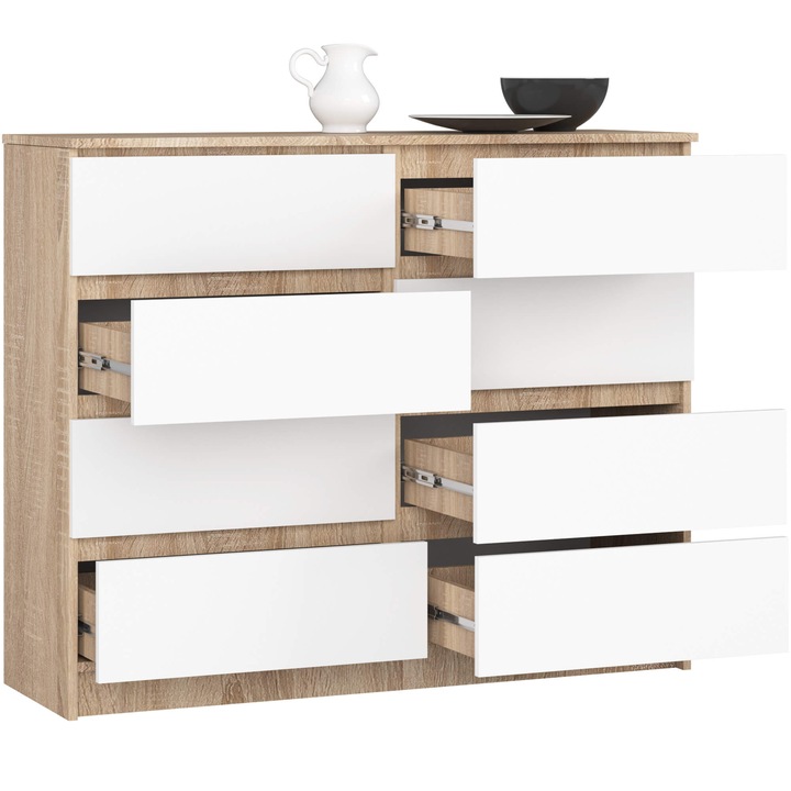 Komód Akord 120x99x40cm 8 fiókos sonoma tölgy fehér