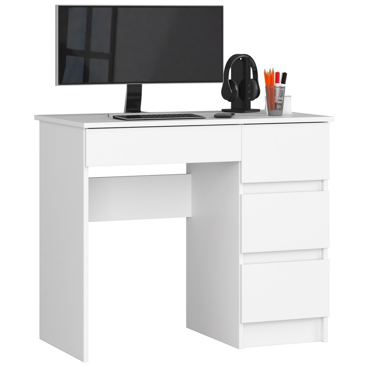 Birou computer, Akord, model Piksel, alb, 90x60cm, cu sertar si polita pentru tastatura, montaj simplu