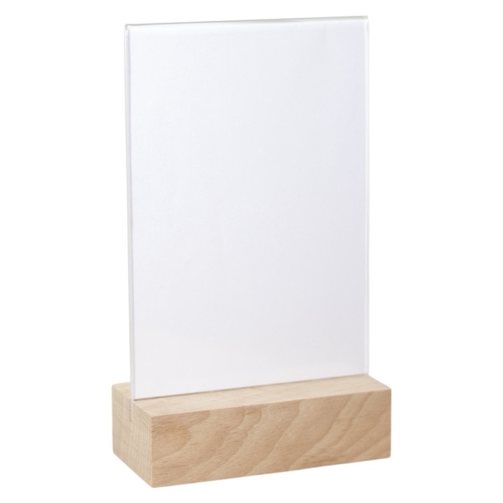 PEEWIT A6 plexi információs tábla, 18x10,5 cm, bükkfa tartóval