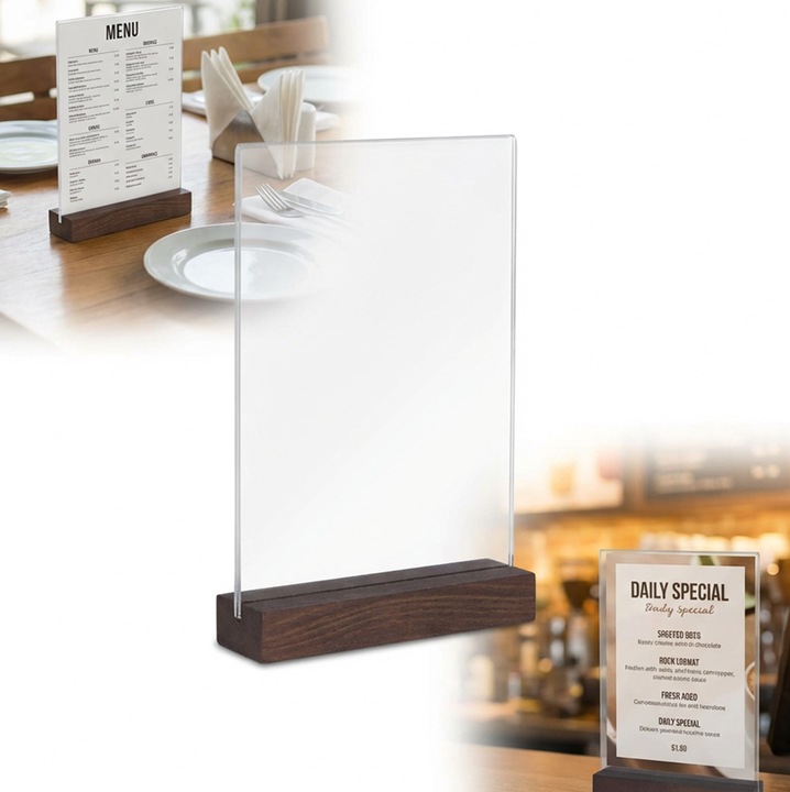 Tabla informativa din plexi A4 33x21cm, suport din lemn de fag, finisaj bej