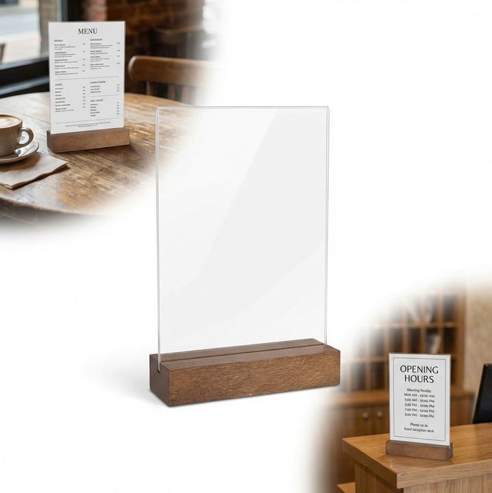 Tabla informativa din plexi PEEWIT A5 21x15cm, suport din lemn de fag, finisaj bej