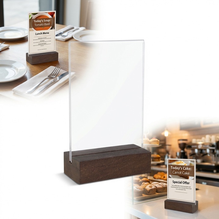 Tabla informativa din plexi A6, PEEWIT, 18x10,5cm, suport din lemn de fag